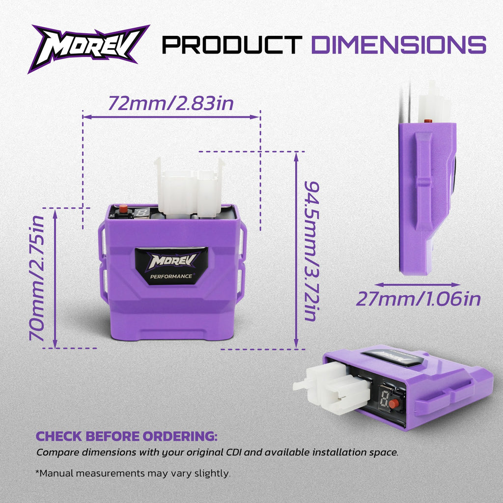 MOREV CG AC CDI dimensions 72 mm width 70 mm housing height 27 mm thickness and 94.5 mm overall height
