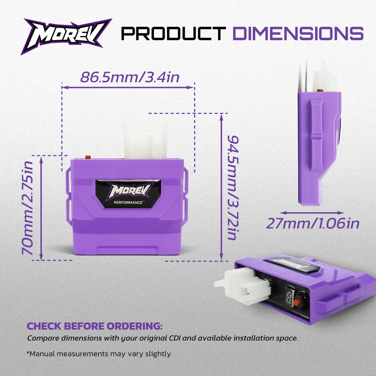 MOREV CG DC CDI dimensions 86.5 mm width 70 mm body height 27 mm thickness and 94.5 mm total height