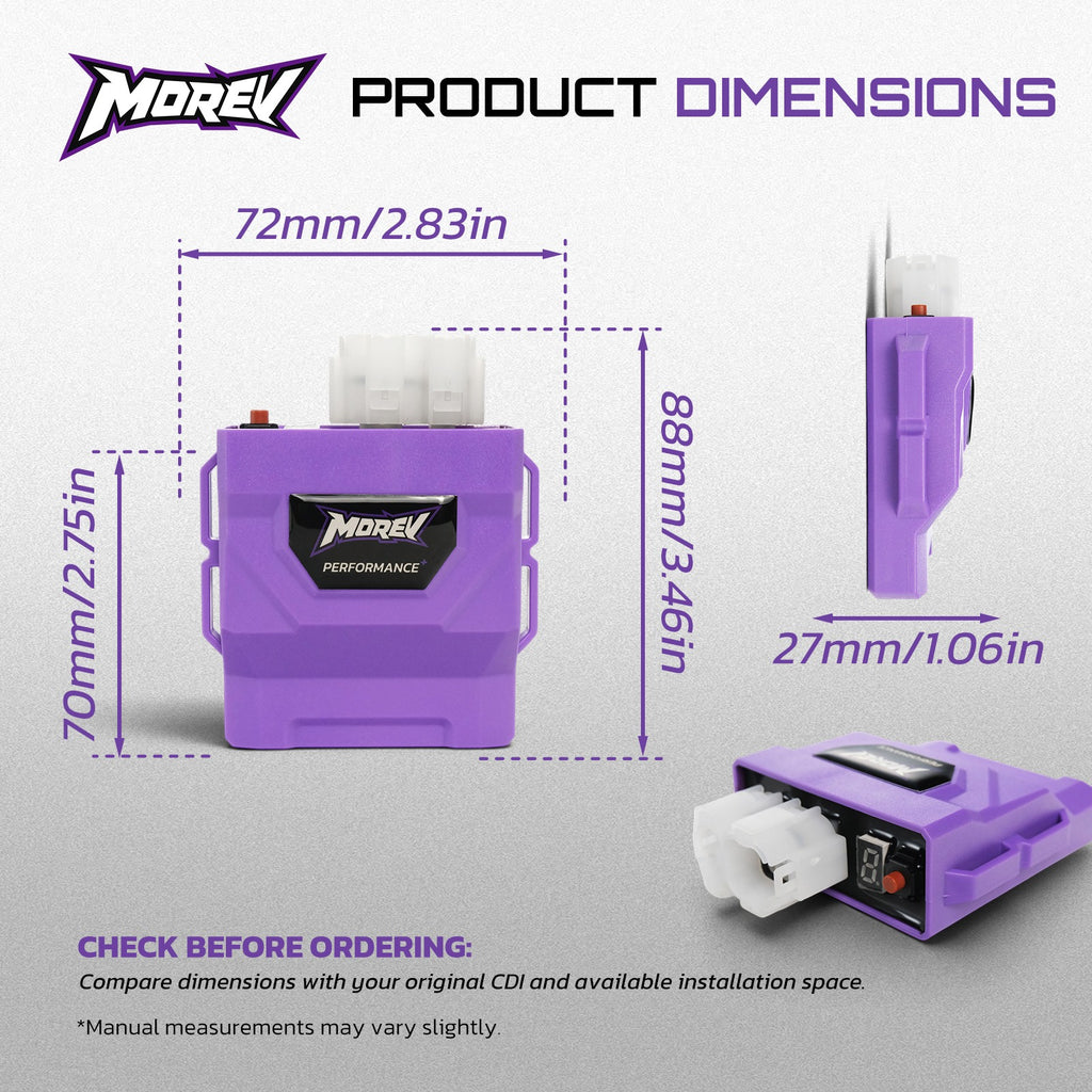 MOREV GY6 AC CDI dimensions 72 mm width 70 mm height 27 mm thickness