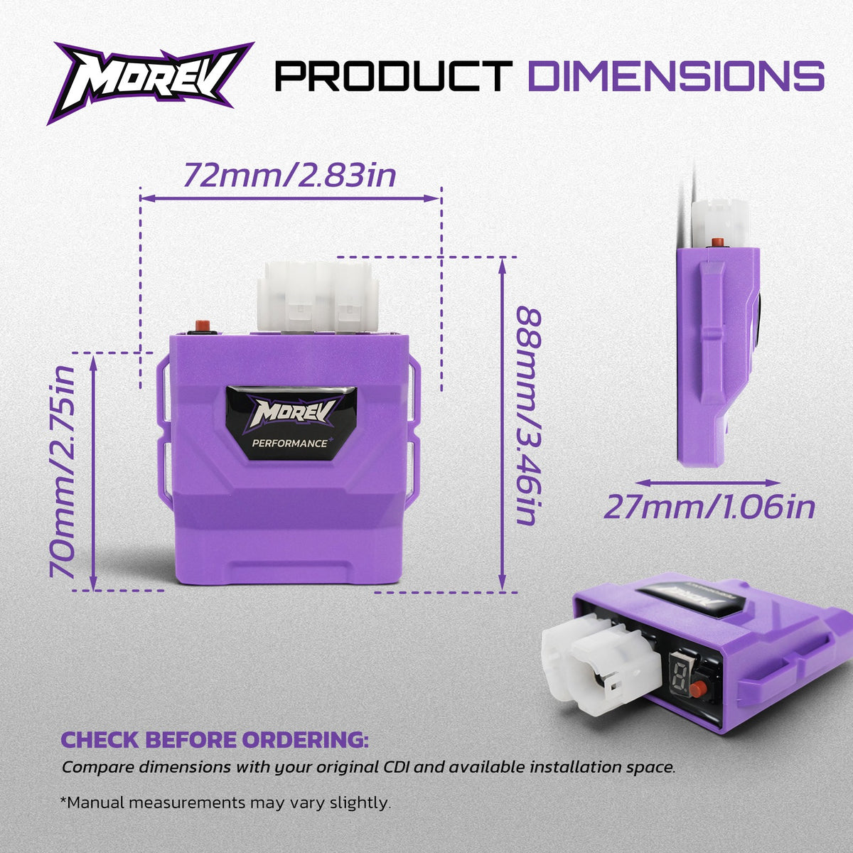 MOREV GY6 AC CDI dimensions 72 mm width 70 mm height 27 mm thickness