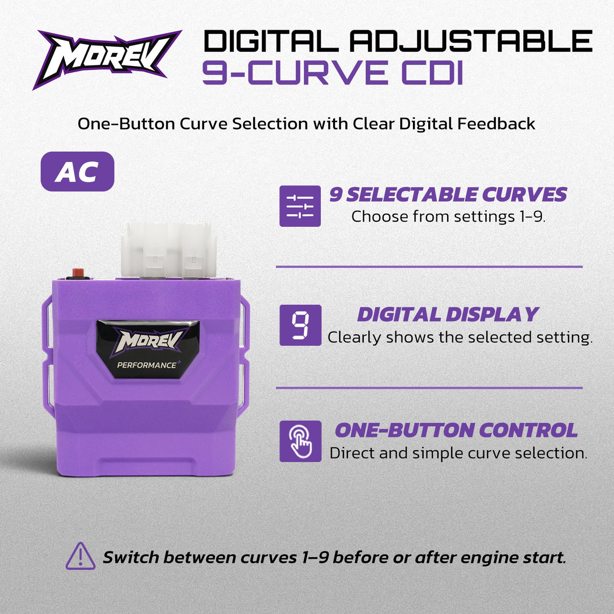 MOREV GY6 AC CDI 9 selectable ignition curves and one-button digital display