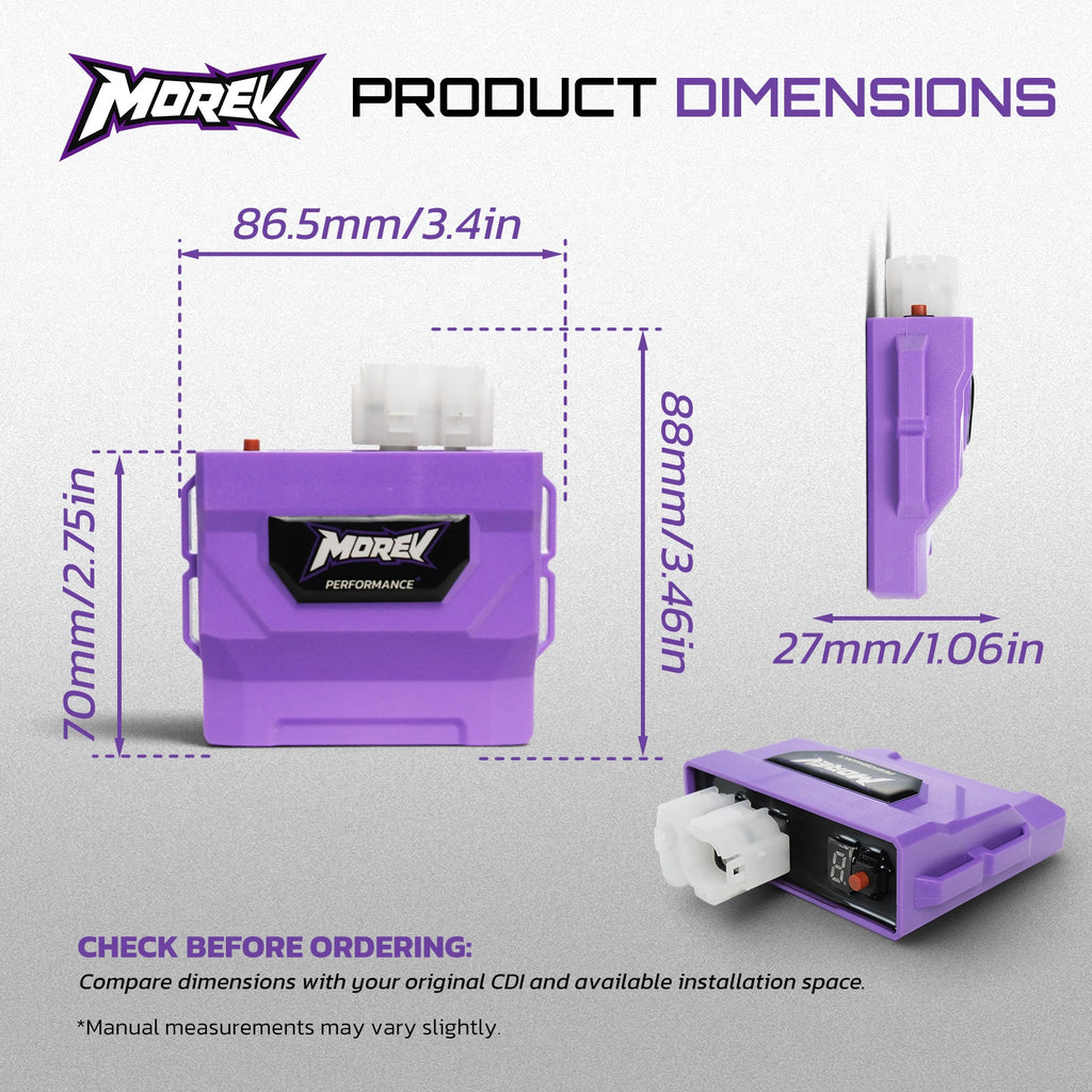MOREV GY6 DC CDI size 86.5 millimeter width 70 millimeter body height and 27 millimeter thickness