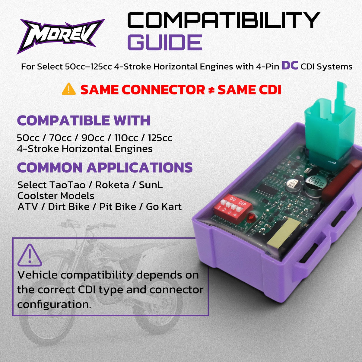 MOREV 4-pin DC adjustable CDI compatibility with select 50cc to 125cc engines