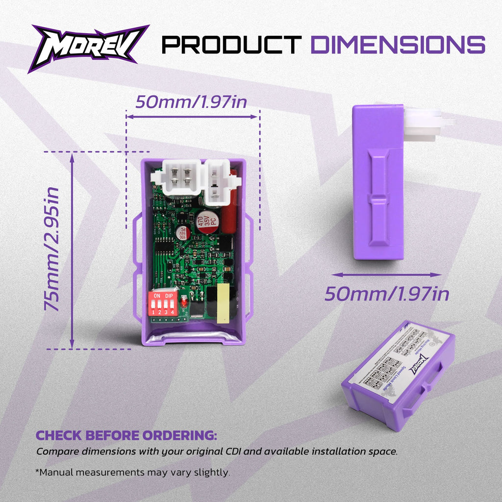 MOREV CG DC CDI dimensions 50 mm width 75 mm body height and 50 mm depth