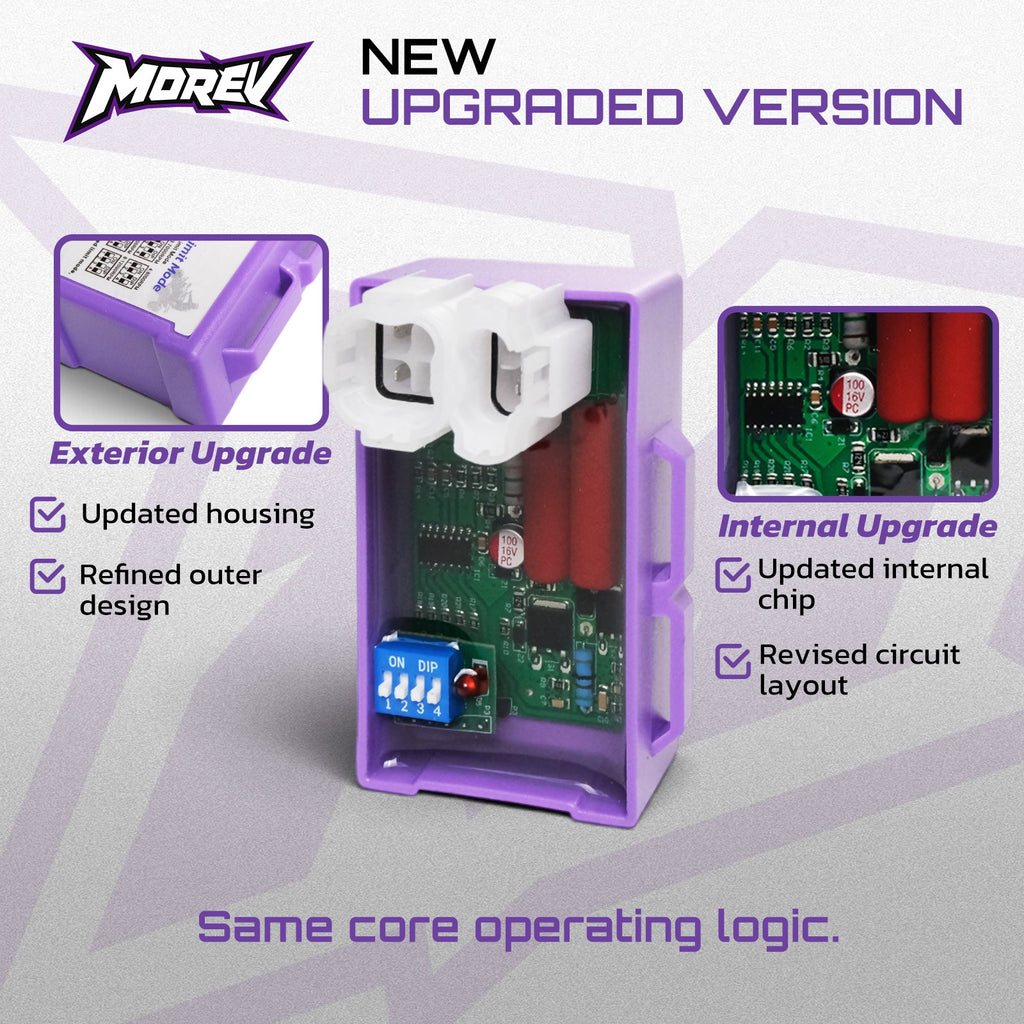 MOREV GY6 AC DIP CDI upgraded purple casing with visible internal circuit and blue switches