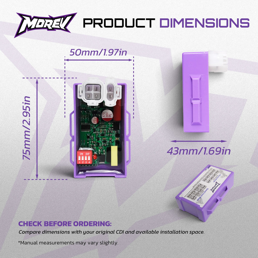 MOREV GY6 DC DIP CDI dimensions 50 mm wide, 75 mm tall, 43 mm deep