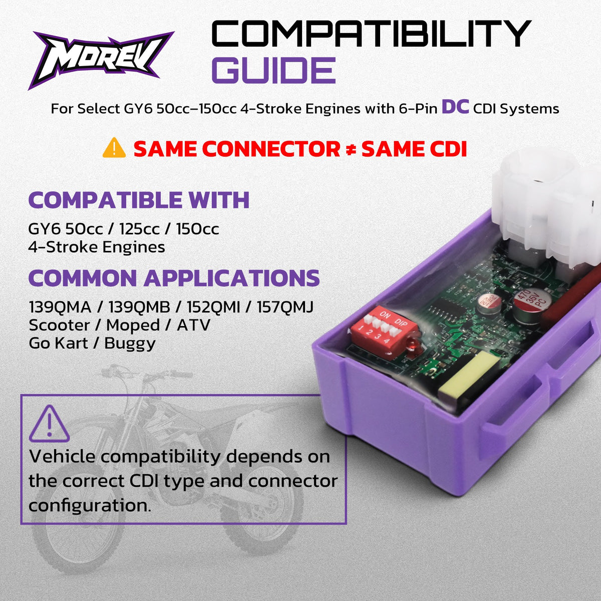 MOREV GY6 DC 6-pin CDI compatible with select 50cc 125cc 150cc four-stroke GY6 engines
