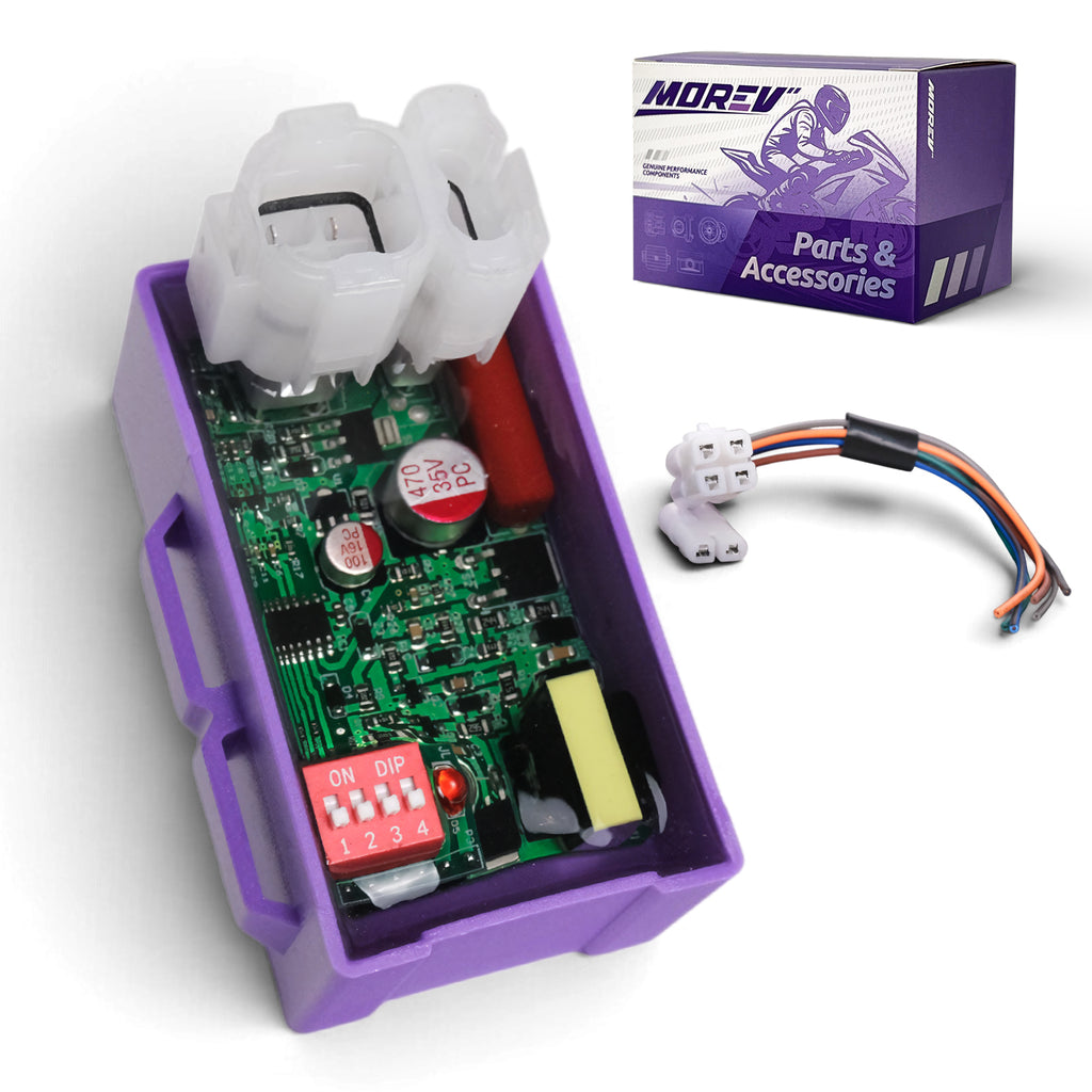 MOREV GY6 6-pin DC DIP switch CDI box with white 4+2 connector, adapter and packaging