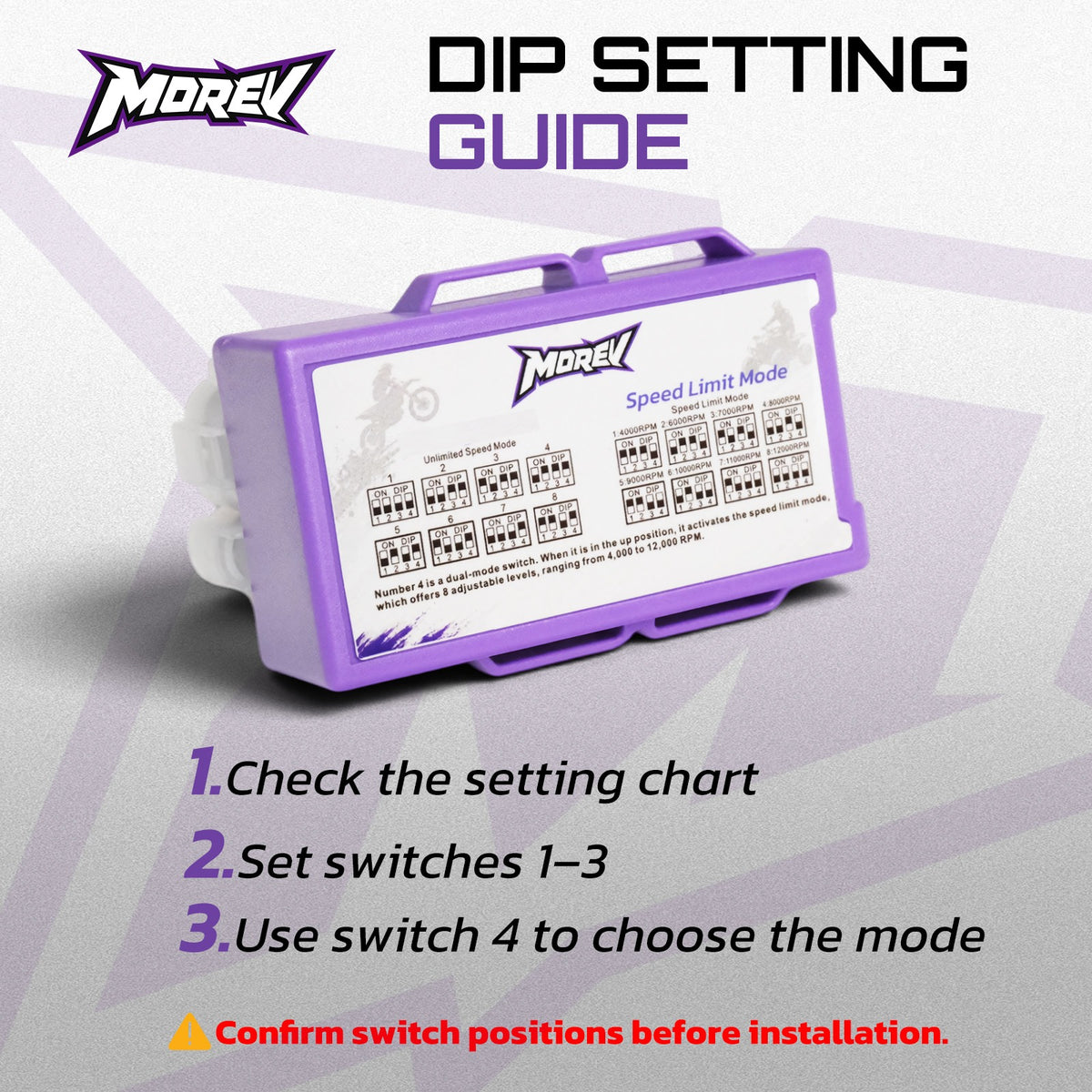 MOREV GY6 DC DIP CDI setting guide with switch presets and limiter mode selection