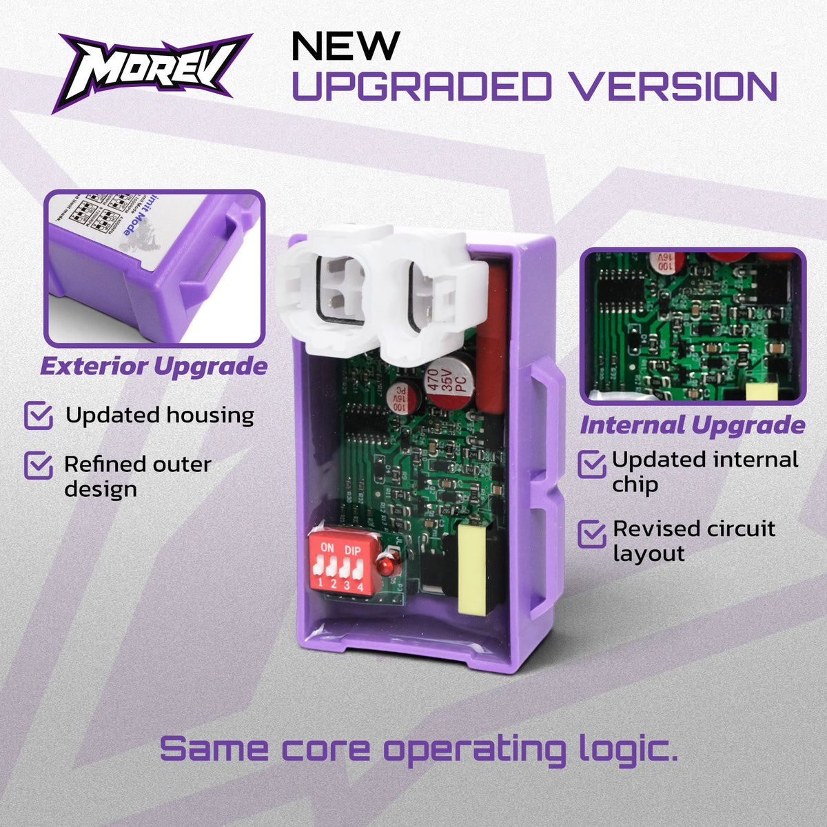 MOREV GY6 DC CDI upgraded purple enclosure and internal components with red DIP switches