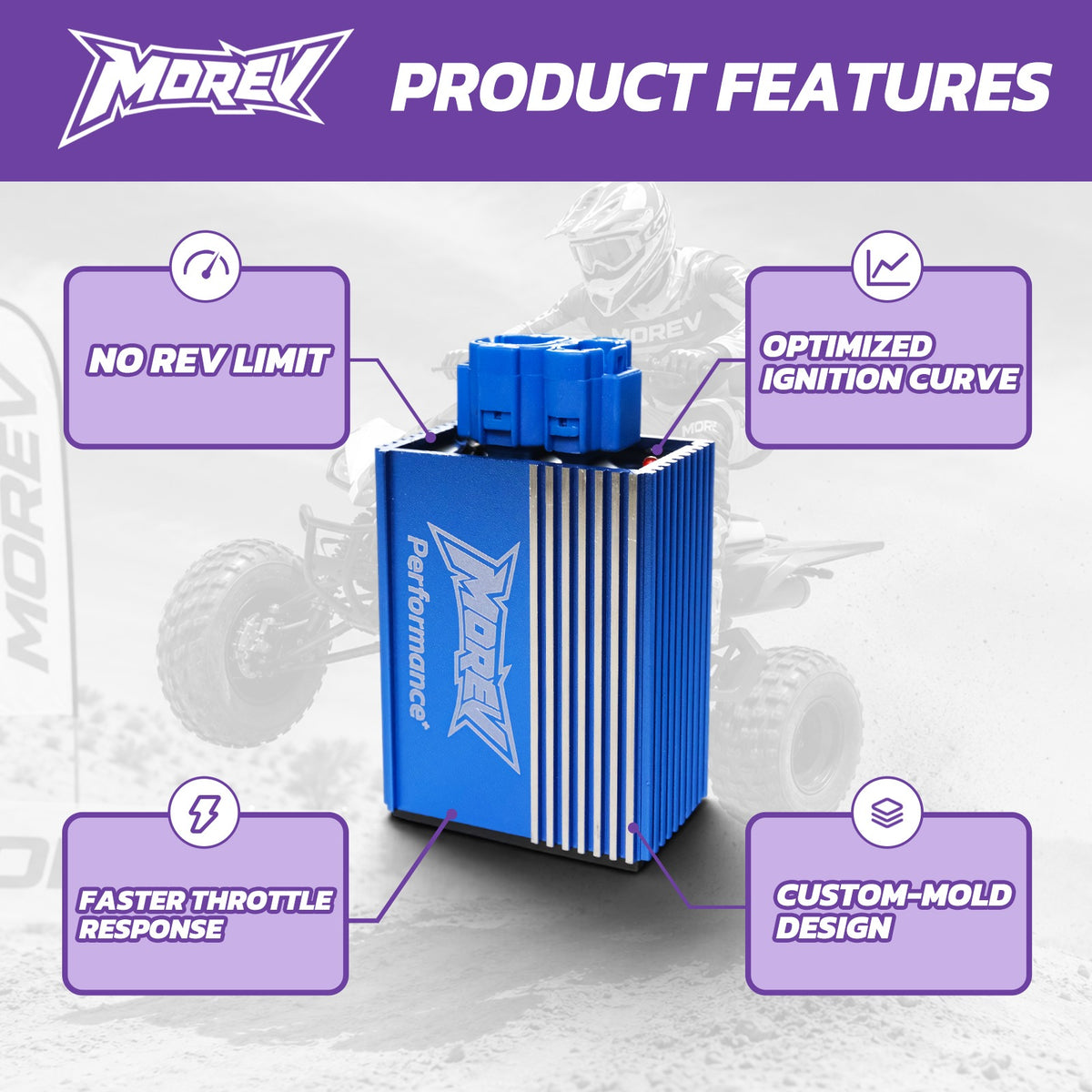 MOREV GY6 AC Racing CDI features no rev limit preset ignition timing and aluminum case