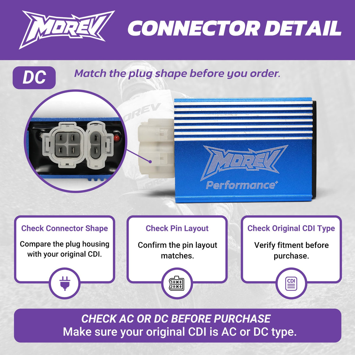 MOREV GY6 6-pin 4+2 DC racing CDI white connector housing and terminal detail