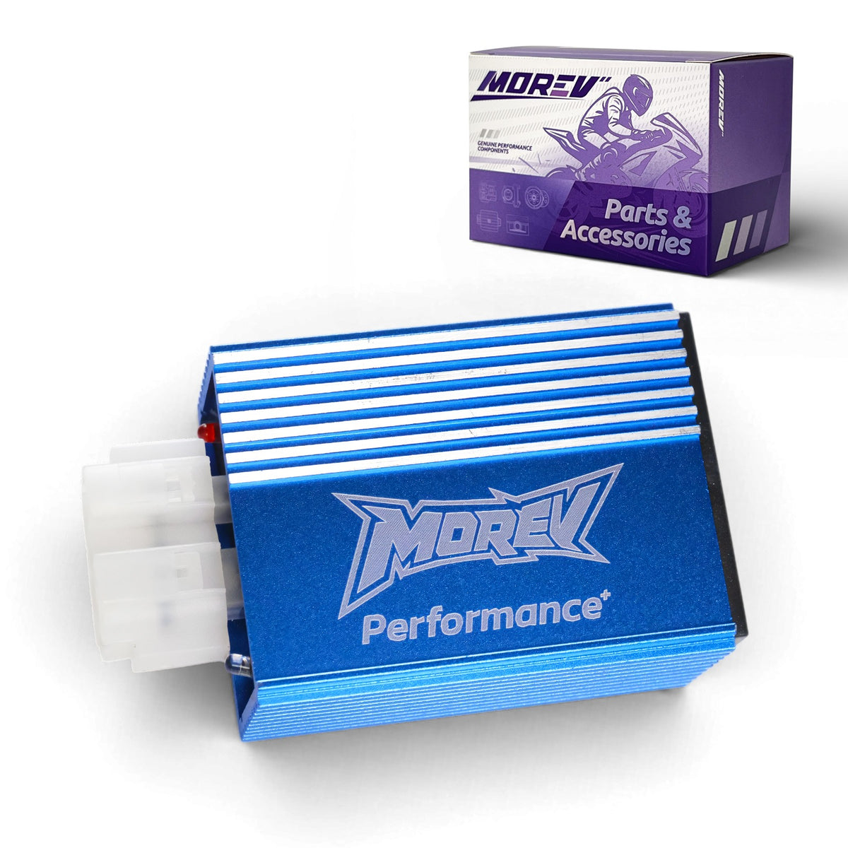 MOREV MCDI008 GY6 6-Pin DC No Rev Limit Racing CDI blue aluminum module and retail box