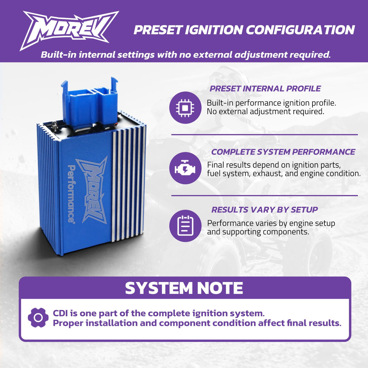 Preset non-adjustable advancing ignition timing of MOREV CG AC racing CDI