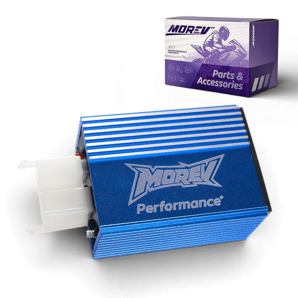 MOREV CG 6-pin DC no rev limit racing CDI with blue aluminum housing and package